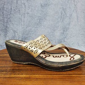 Sam Edelman Nylee Sandals Women's 6.5 Gold Leather Cork Wedge Thong Shoes